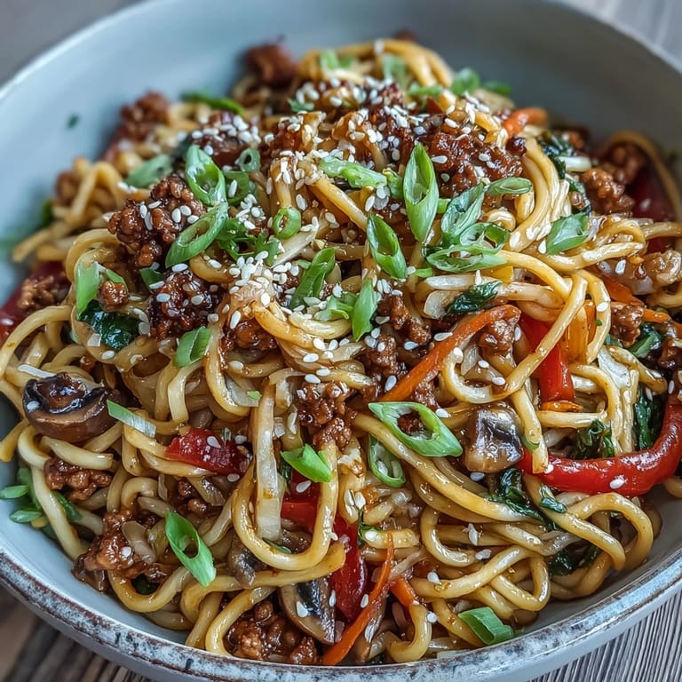 A steaming skillet of Korean Turkey Fried Noodles with bell peppers, onions, and tender turkey, ready to serve for a weeknight meal.