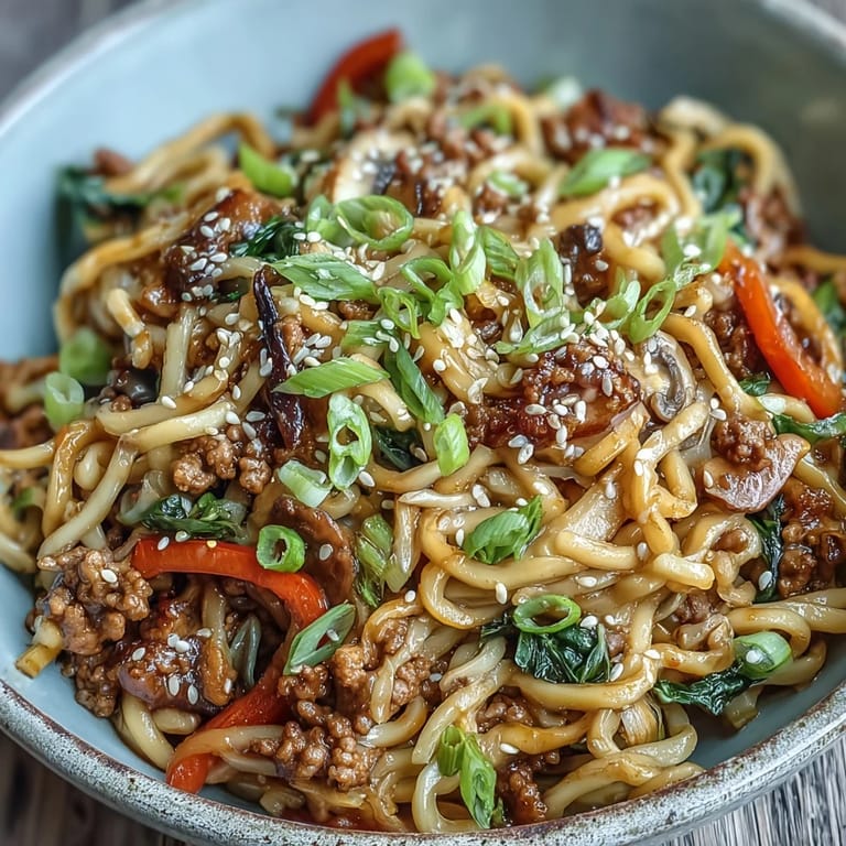 Garnished bowl of Korean Turkey Fried Noodles featuring julienned carrots, shiitake mushrooms, and green onions, paired with a small side of kimchi.