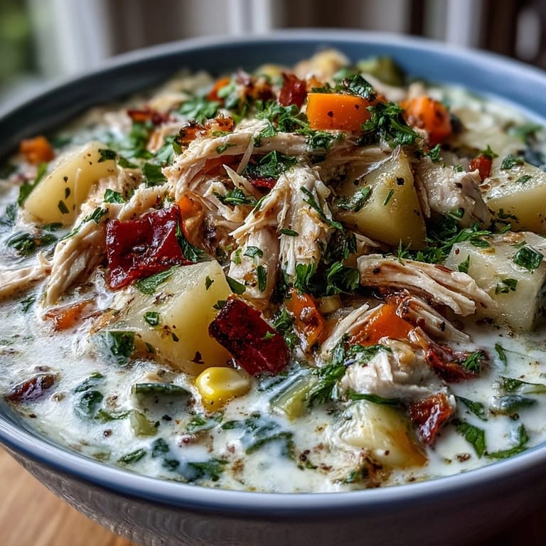 Skillet pot of Ranch Chicken Veggie Soup with colorful carrots, celery, and red bell peppers ready to serve on a cozy table.