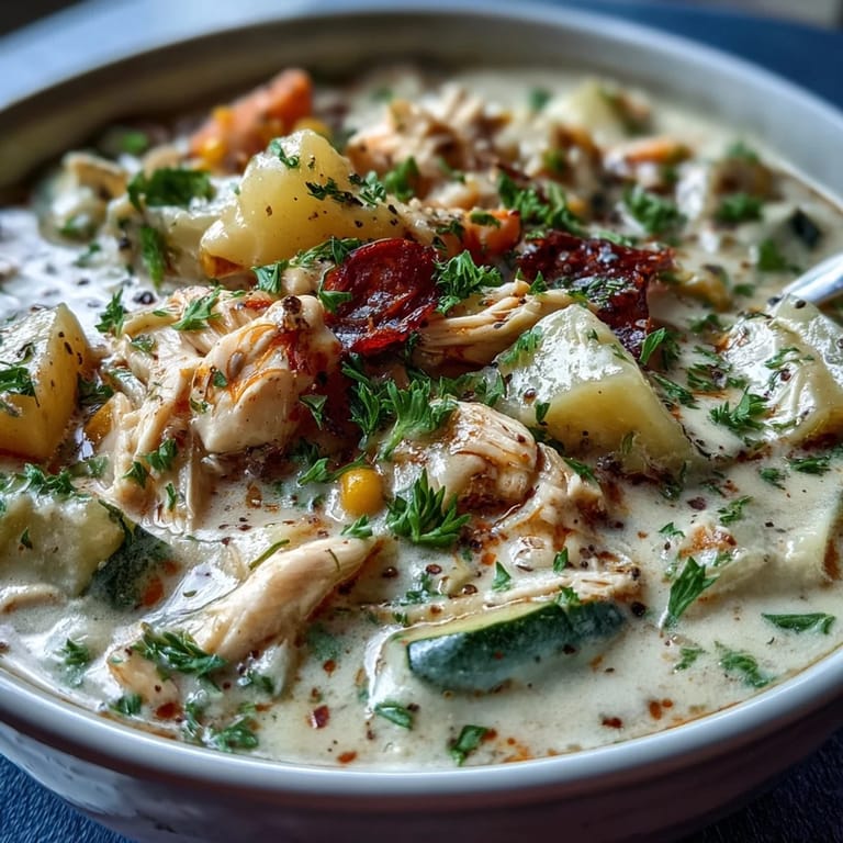 Fresh herbs garnish a ladleful of Ranch Chicken Veggie Soup, served hot in a rustic mug beside crusty artisan bread slices.