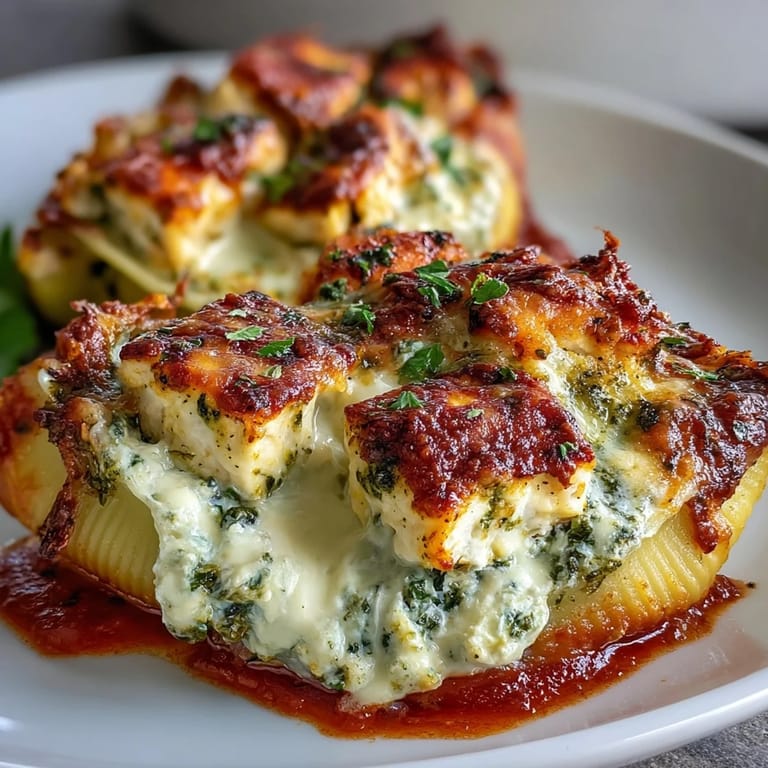 Individual Pesto Lasagna Stuffed Shells on a fork, revealing savory pesto chicken and ricotta filling, served over a bed of extra marinara sauce.