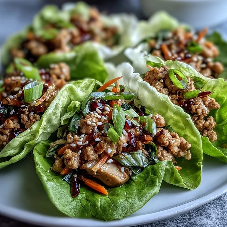 Savory Turkey Potsticker Stir-Fry Lettuce Wraps are plated on a wooden table alongside a small bowl of dipping sauce.