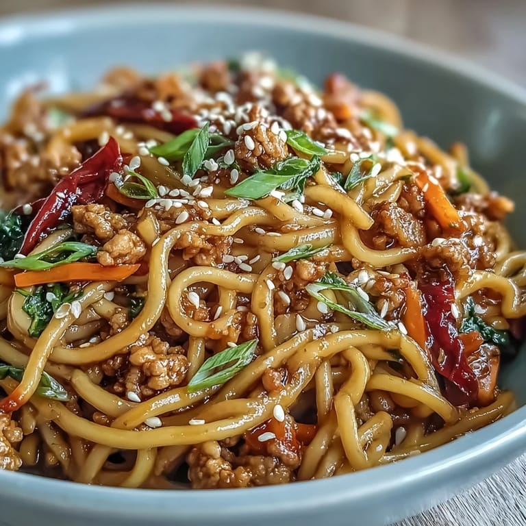 A steaming bowl of Korean Turkey Fried Noodles featuring ground turkey and crisp vegetables, perfect for a quick, flavorful meal.