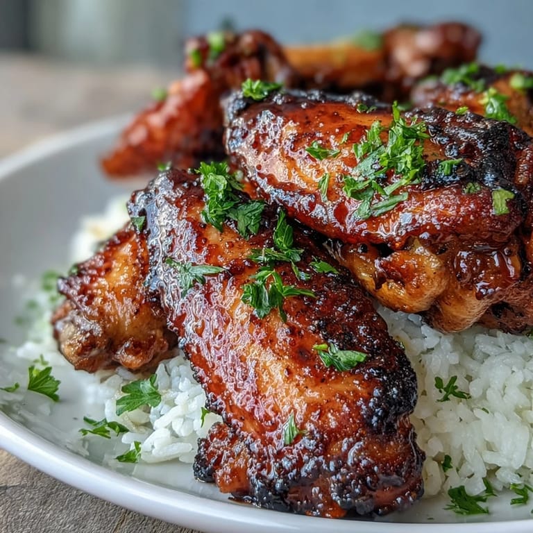 A close-up of glazed Oven-Baked Honey Garlic Chicken Wings & Rice, highlighting the glossy sauce and fluffy rice on a rustic serving plate.