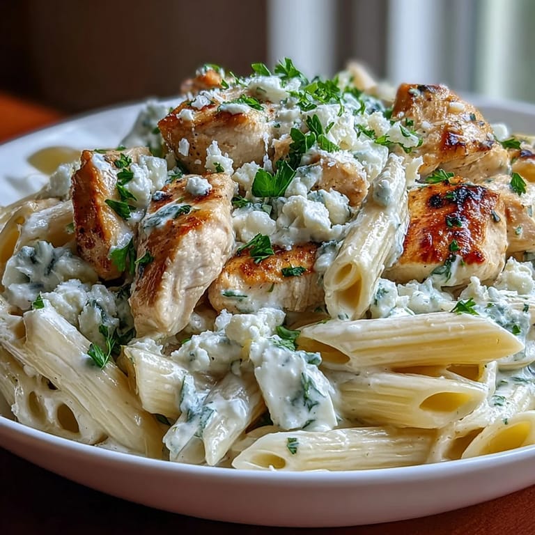 Creamy lemon feta chicken pasta steaming in a white bowl, with golden chicken and melted cheese glistening.
