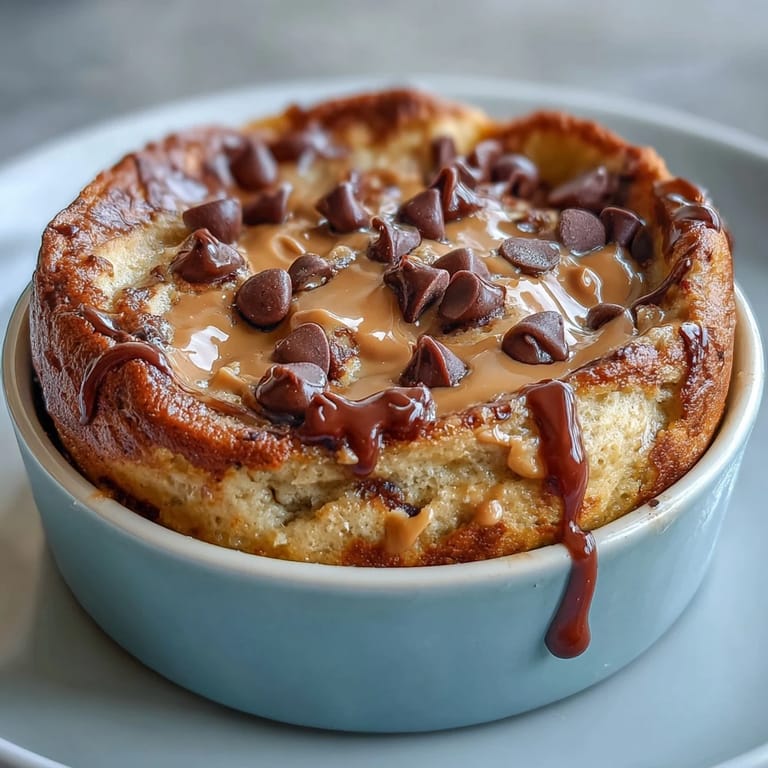 A close-up view of the Peanut Butter Cup Protein Pancake Bowl with gooey chocolate chips and creamy peanut butter topping ready to enjoy. 