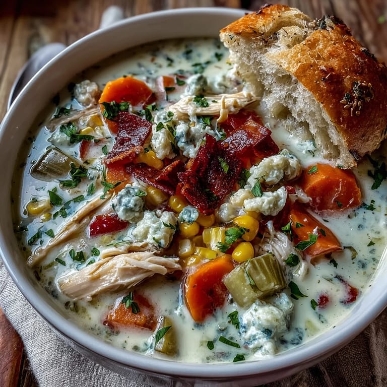 Warm Ranch Chicken Veggie Soup surrounded by fresh vegetables and herbs on a rustic kitchen table.