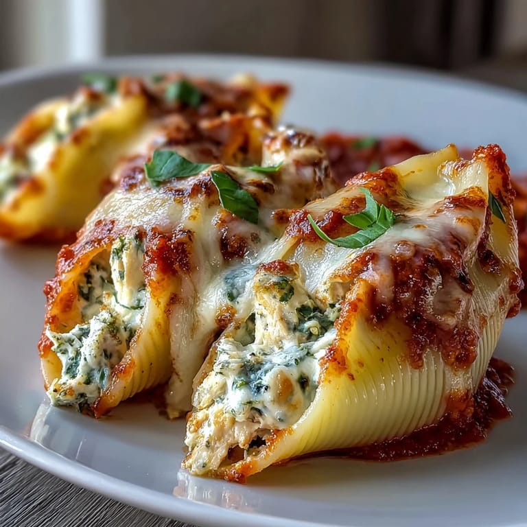 Savory marinara sauce and pesto drizzle over these Pesto Lasagna Stuffed Shells, ready to serve alongside a crisp green salad.