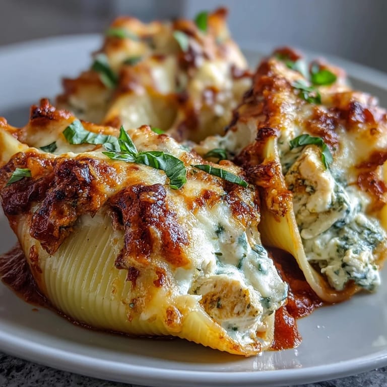 This Pesto Lasagna Stuffed Shells recipe features generous creamy ricotta filling and shredded chicken nestled in jumbo pasta shells.