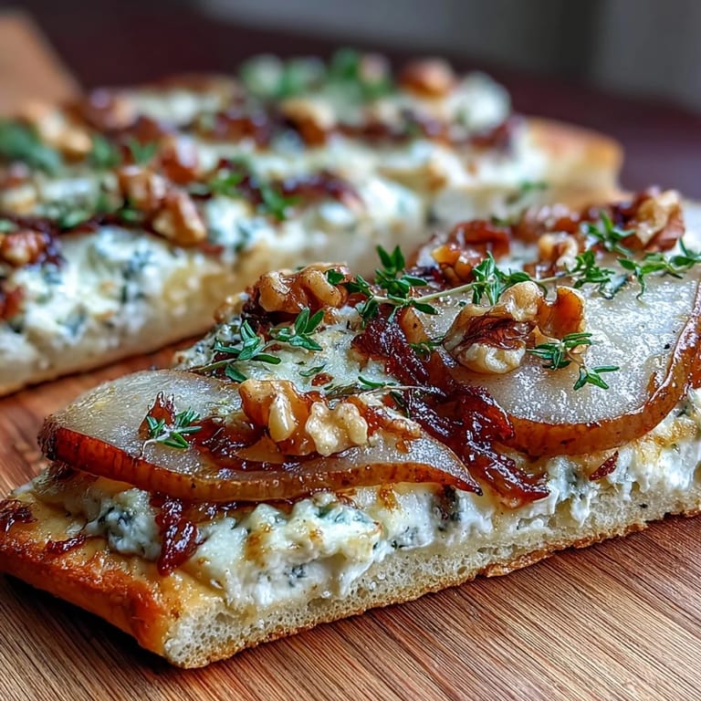 Warm Goat Cheese & Pear Flatbread drizzled with hot honey, finished with fresh thyme and served as an elegant appetizer.