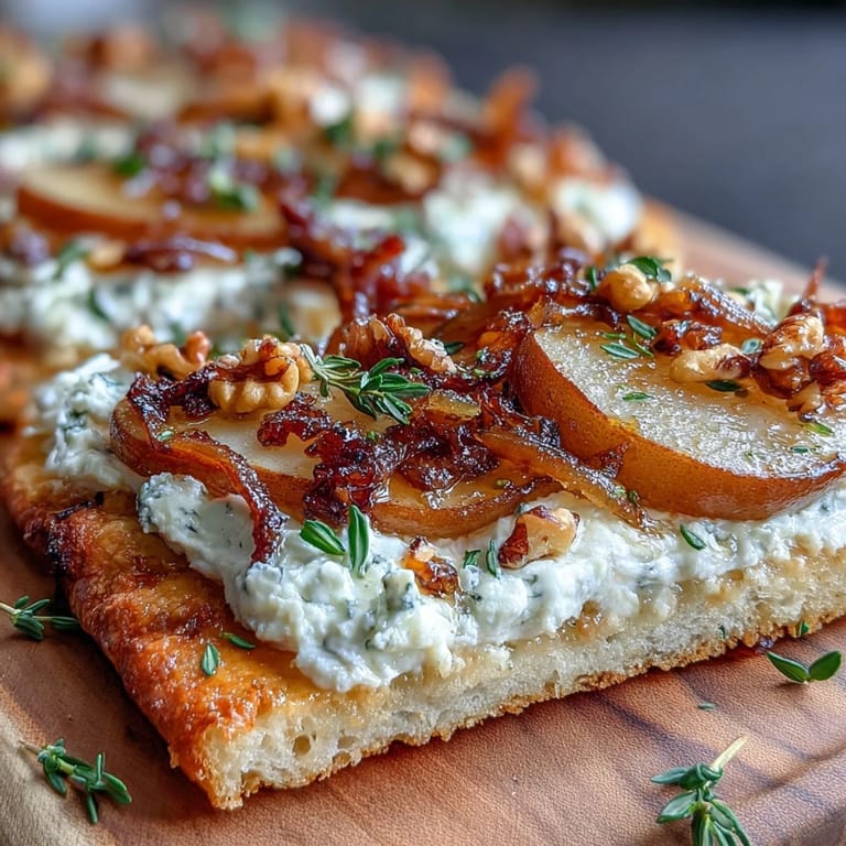 Golden-baked flatbread with goat cheese, pear slices, caramelized onions, and walnuts, finished with a drizzle of hot honey for sharing.
