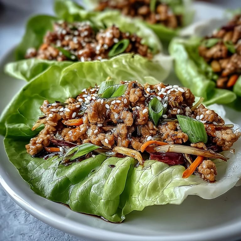 Juicy ground turkey, carrots, cabbage, and bell pepper fill lettuce leaves in Turkey Potsticker Stir-Fry Lettuce Wraps for a light meal.