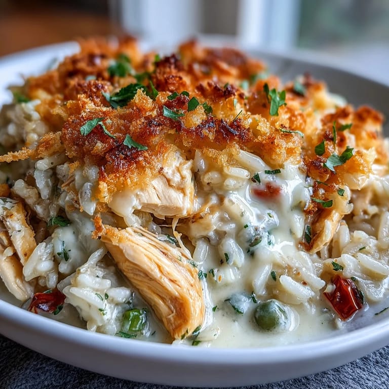 Fresh parsley garnishes this comforting Creamy Garlic Chicken & Rice Casserole beside a simple green salad.