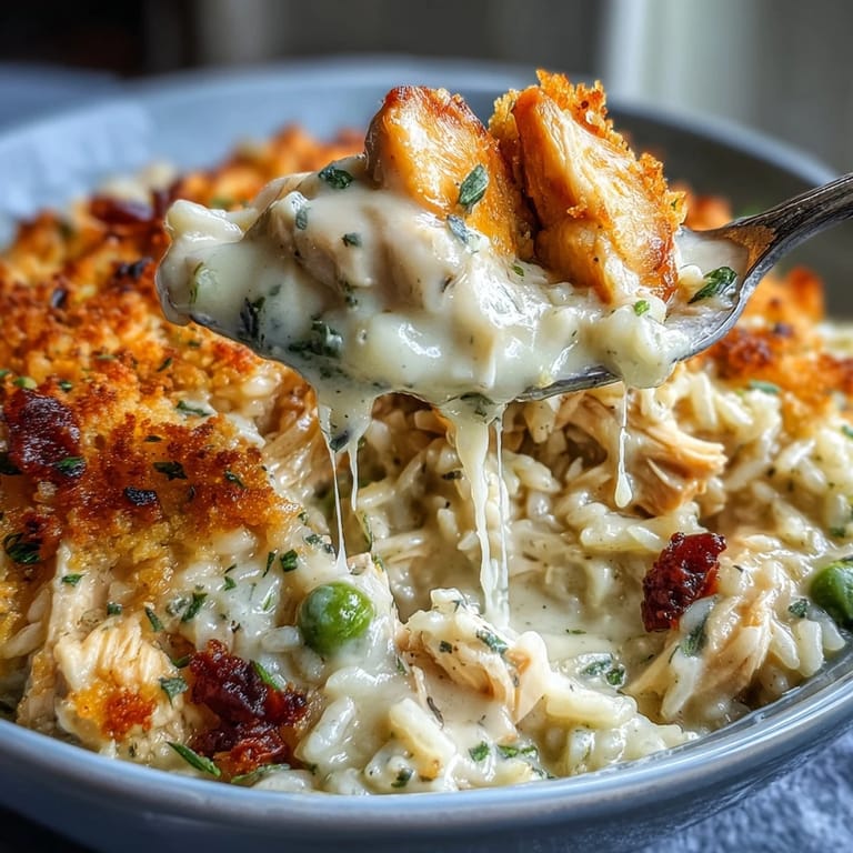 Steam rises from the Creamy Garlic Chicken & Rice Casserole, highlighting tender chicken pieces and fluffy rice.