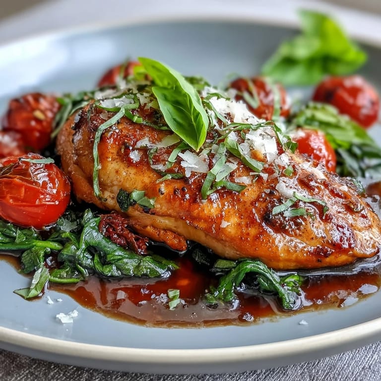 Golden seared chicken with wilted spinach and burst tomatoes, all coated in a rich balsamic glaze.
