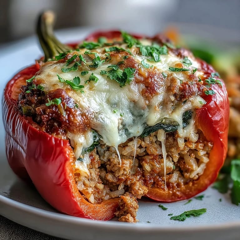 Oven-baked bell peppers stuffed with seasoned ground turkey, fresh spinach, and brown rice for a satisfying, nutritious dinner.