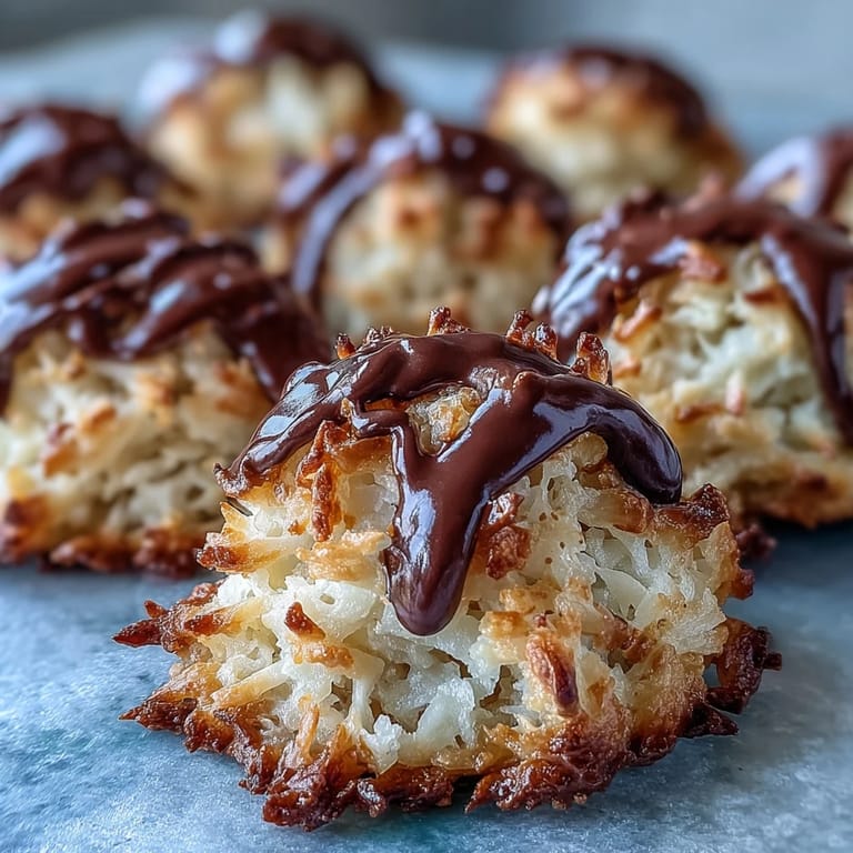 Crispy-edged vegan coconut macaroons topped with glossy dark chocolate drizzle, offering a satisfyingly chewy and indulgent dessert experience.