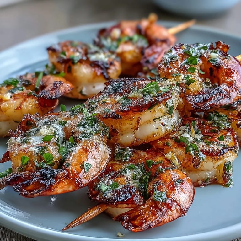 Citrusy lemon herb grilled shrimp skewers served with fresh lemon wedges and basil.