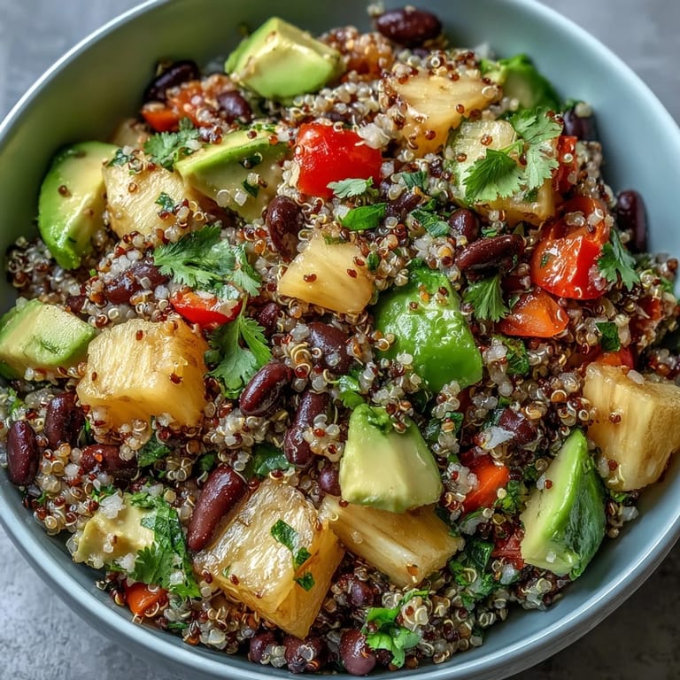 Vibrant tropical quinoa salad with diced pineapple, crisp bell peppers, and black beans, tossed in a tangy lime dressing for a flavorful meal.