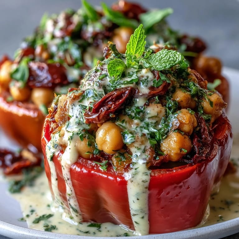 Hearty bell peppers overflowing with quinoa, olives, and sun-dried tomatoes, topped with a creamy lemon tahini drizzle for a satisfying vegan meal.