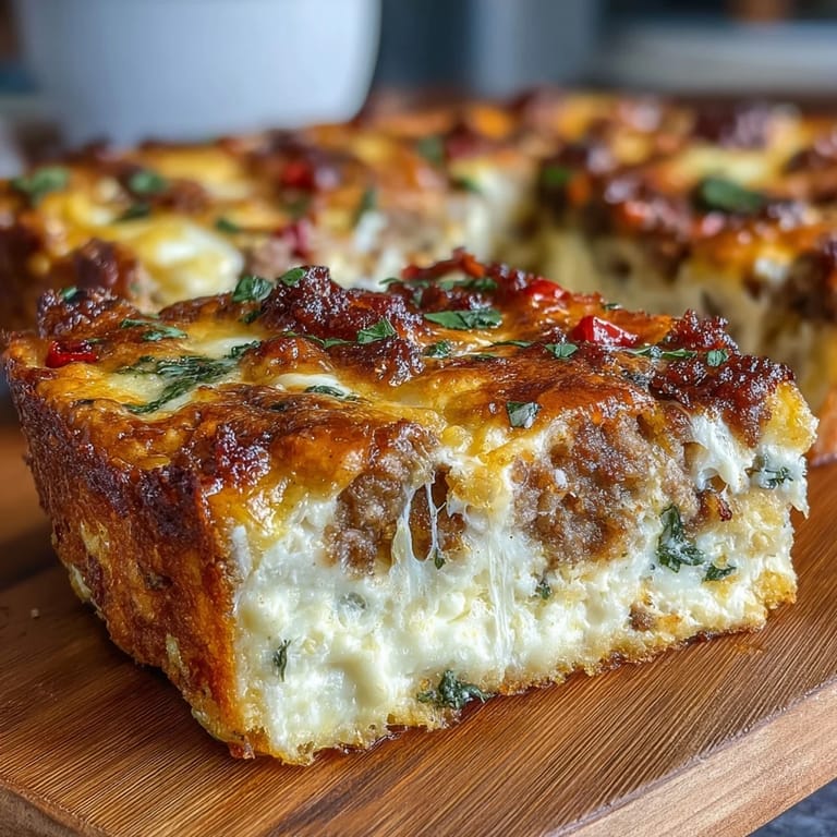 Protein-packed sausage and egg casserole with vibrant peppers and creamy cheese, ideal for easy meal prep or weekend breakfast.