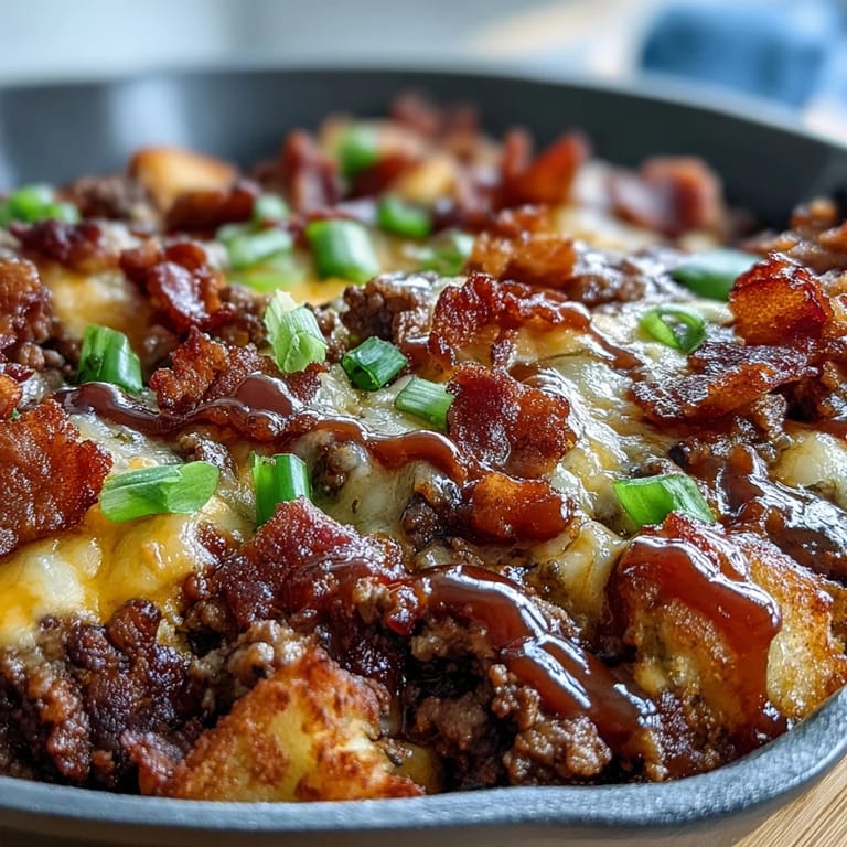 Hearty low-carb cheeseburger skillet with tangy BBQ sauce, ground beef, and fresh green onion garnish.  