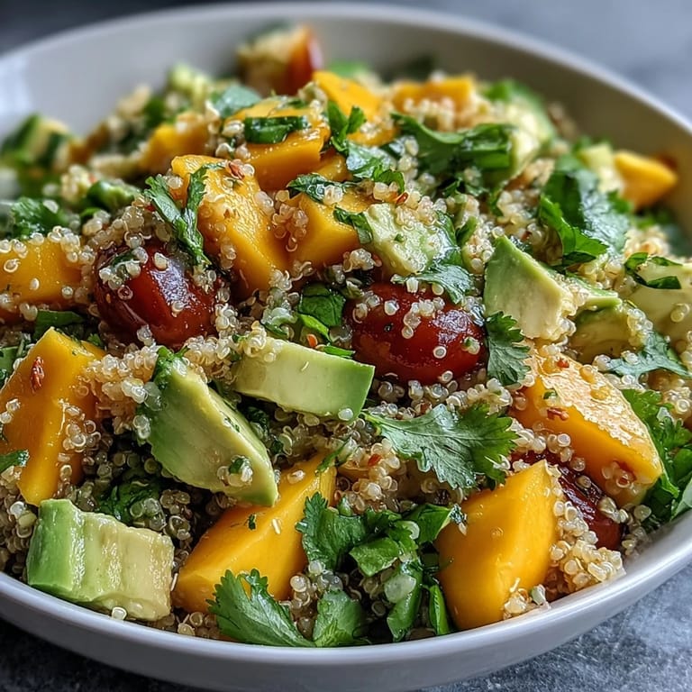 A vibrant quinoa salad featuring ripe mango, creamy avocado, and cherry tomatoes, tossed in a citrus lime dressing.  
