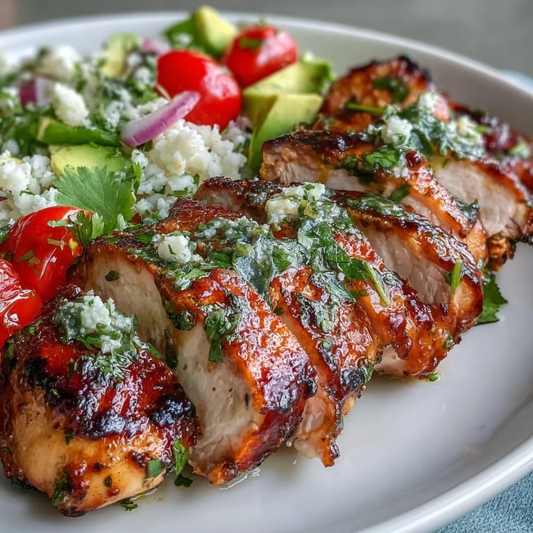 Juicy marinated chicken slices served over light cauliflower rice with vibrant vegetables and zesty lime dressing.  