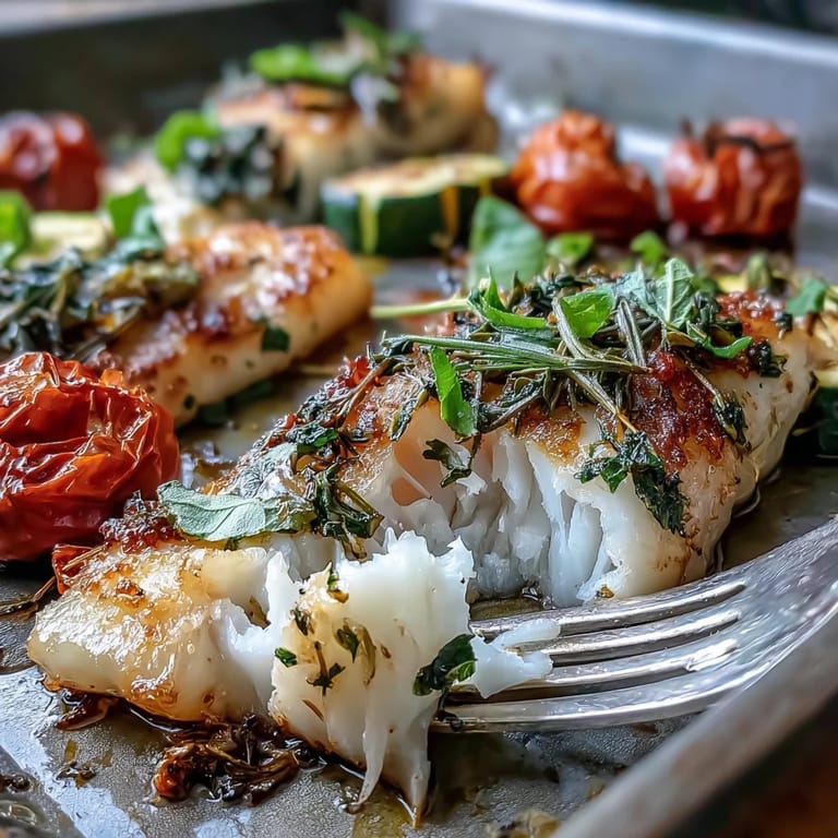 Healthy sheet pan dinner with flaky garlic herb tilapia, roasted zucchini, and sweet cherry tomatoes, garnished with fresh parsley and lemon.