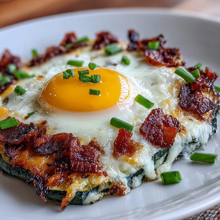 Golden zucchini nests filled with creamy baked eggs and crispy bacon crumbles, offering a nutritious and satisfying keto breakfast option.