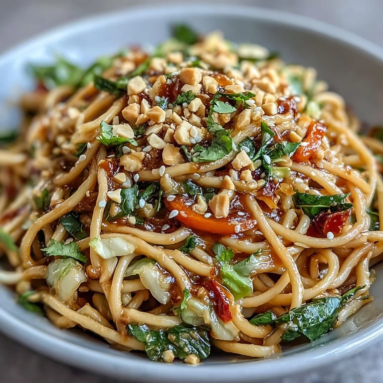 This vibrant Asian-inspired dish features nutty soba noodles, fresh slaw, and a creamy sriracha peanut sauce for bold flavor and texture.  