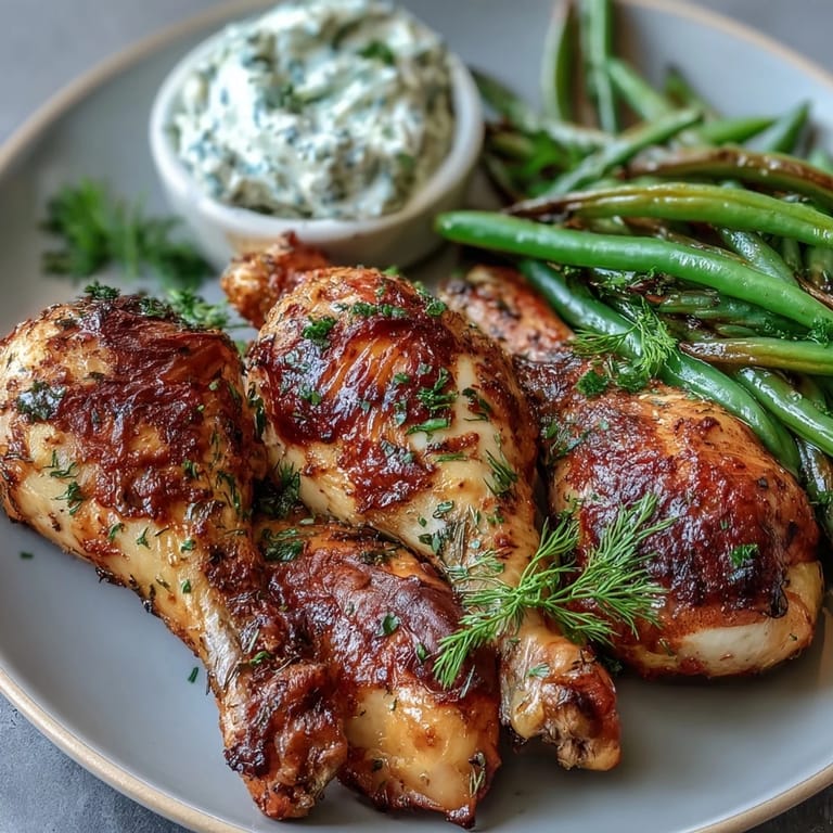 Flavorful ranch-seasoned chicken drumsticks roasted alongside tender green beans, creating a colorful and satisfying low-carb meal.  