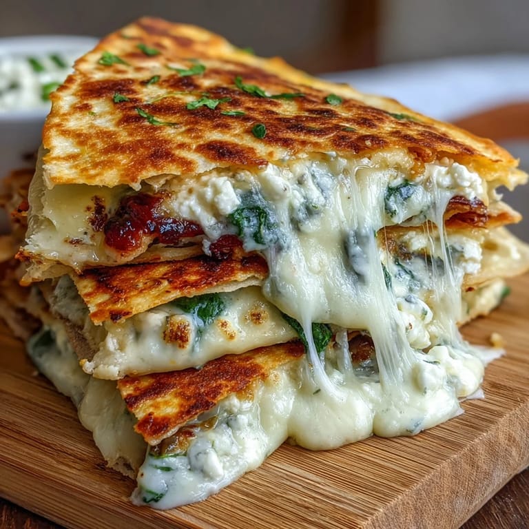 Warm spinach and feta quesadillas with melted mozzarella, garnished with fresh herbs and sliced into wedges.