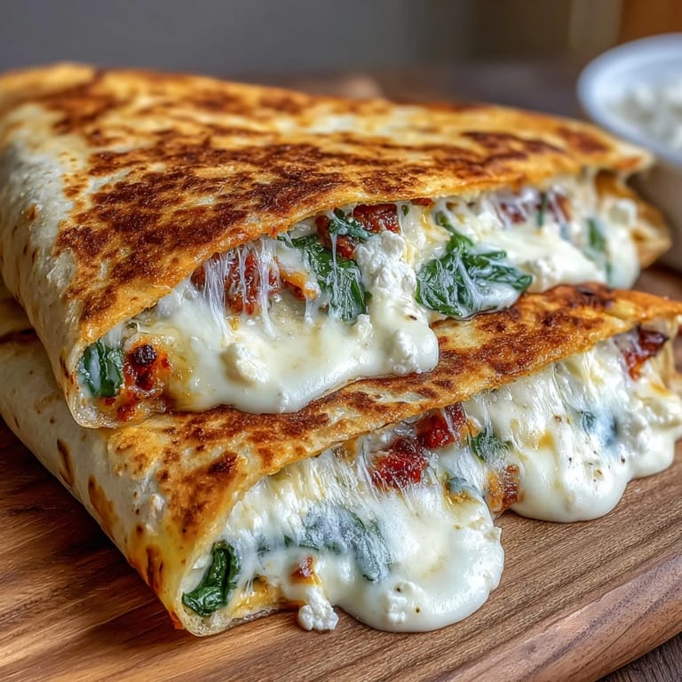 Golden-brown quesadillas stuffed with Mediterranean spinach, red onion, and feta, perfect for a quick vegetarian lunch.
