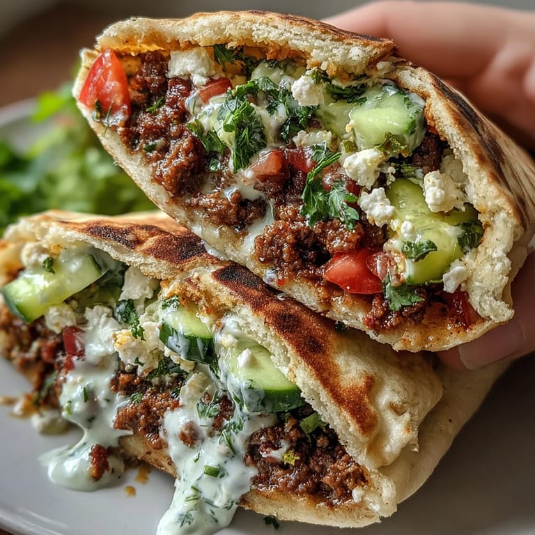 Juicy ground beef seasoned with cumin, paprika, and oregano, layered into soft pita bread with cool yogurt sauce, crunchy veggies, and crumbled feta for a vibrant Mediterranean bite.