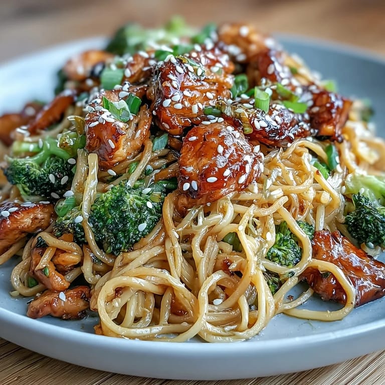 Irresistible sticky garlic chicken noodles stir-fry, featuring juicy chicken and colorful vegetables coated in a rich, aromatic sauce.  