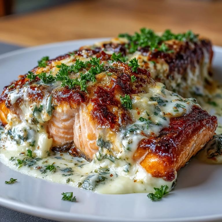 Golden salmon fillets baked in a tangy lemon cream cheese sauce, garnished with zest and herbs.  