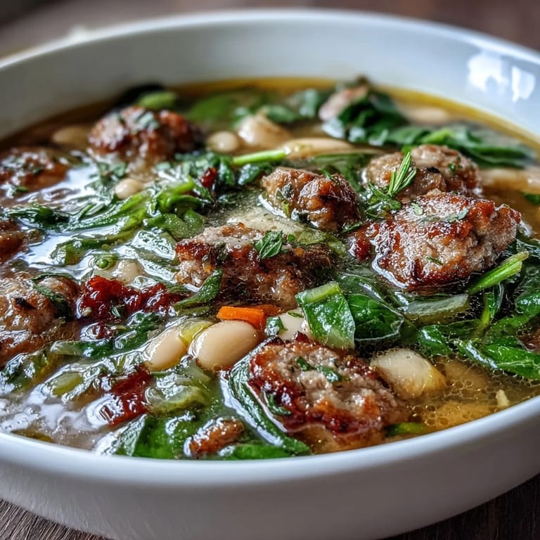 Rich and comforting Tuscan white bean soup loaded with Italian sausage, diced tomatoes, and tender vegetables, garnished with parsley for a fresh finish.
