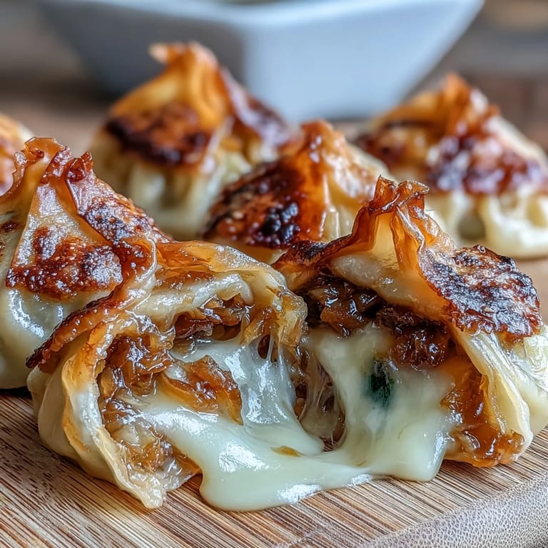 Close-up of golden brown Caramelized French Onion Soup Dumplings in a skillet.
