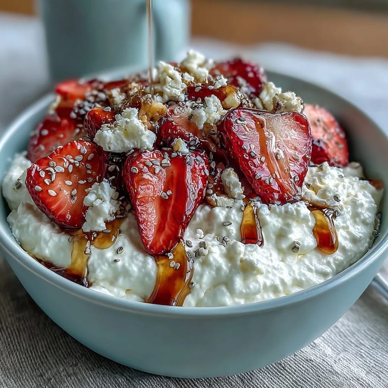 A wholesome cottage cheese fruit bowl featuring ripe strawberries, banana, and a touch of honey, garnished with chia seeds and mint.