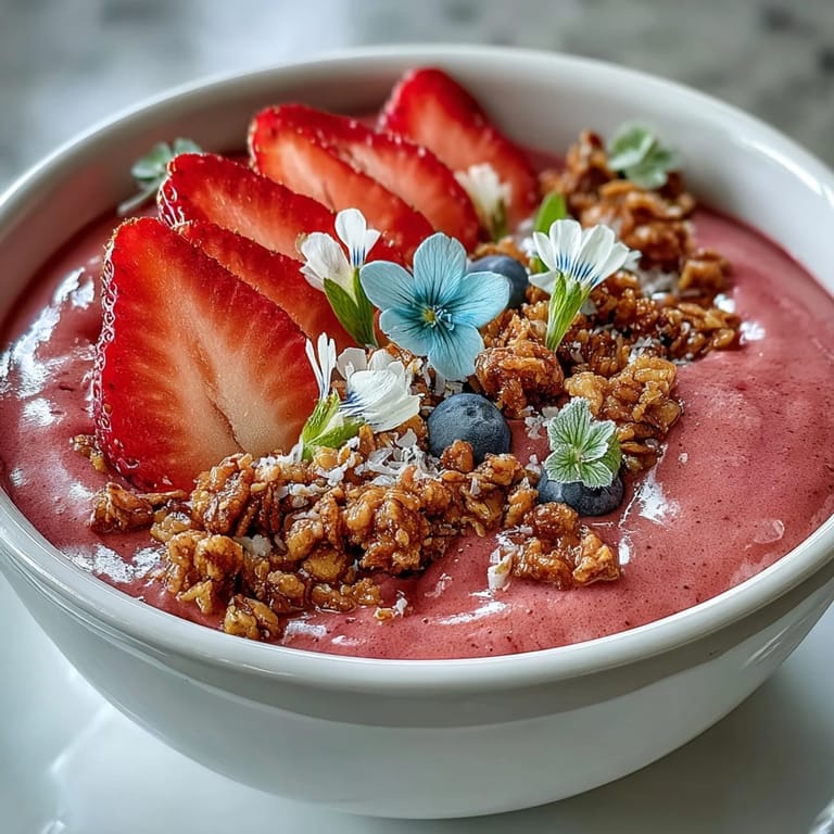 A thick and fruity strawberry smoothie bowl layered with crunchy granola, pumpkin seeds, and fresh fruit for a nourishing brunch treat.