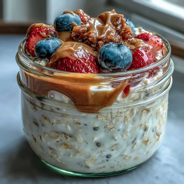 A vibrant bowl of berry-studded overnight oats drizzled with almond butter, perfect for quick, healthy mornings.  