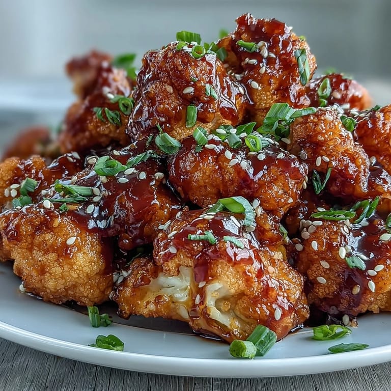 Golden-brown battered cauliflower bites tossed in tangy General Tso's sauce, served as a vegetarian appetizer or main dish.