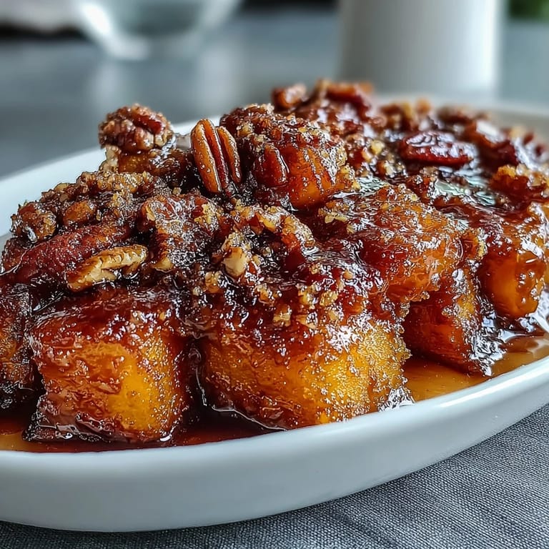 A holiday side dish of tender yams in spiced syrup, finished with a buttery pecan crumb topping for texture and flavor.