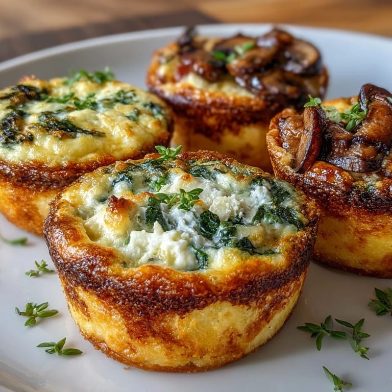 Golden baked mini quiches featuring spinach feta, mushroom Gruyère, and ham Swiss in buttery pastry shells.  