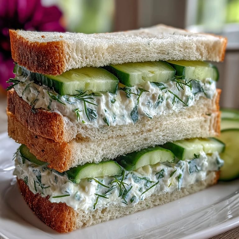 Fresh cucumber tea sandwiches with herbed cream cheese filling, arranged on a tiered serving platter for a traditional English tea party presentation.