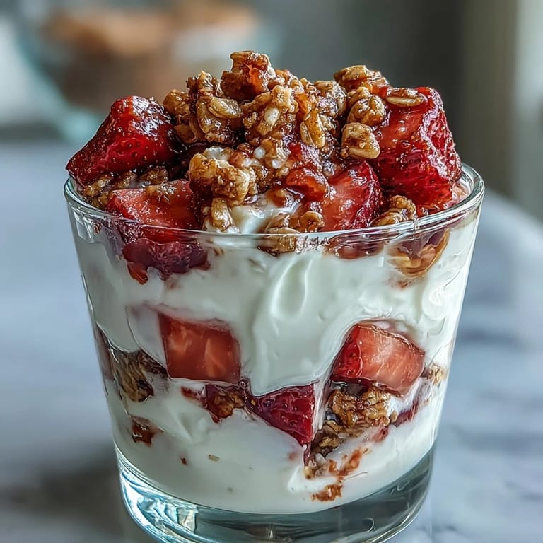 Bite-sized strawberry yogurt parfaits in shot glasses featuring crunchy granola and vibrant fresh berries