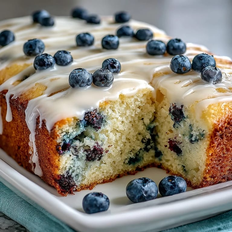 Fluffy lemon-infused cake swirled with fresh blueberries, topped with a tangy glaze for a refreshing spring or summer treat.