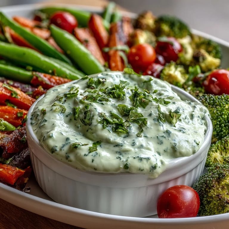Crisp baby carrots, snap peas, and cucumber slices arranged around a bowl of herb-packed Green Goddess dip.