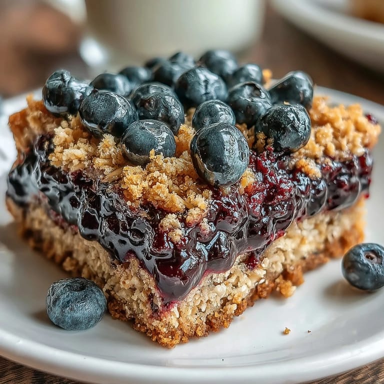 Wholesome blueberry oat breakfast bars topped with crumbly oat streusel, perfect for a nutritious morning treat.